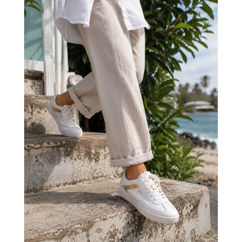 NWOB OluKai HA'UPU Leather Sneakers White Gold Metallic Lace Up Trainers 11